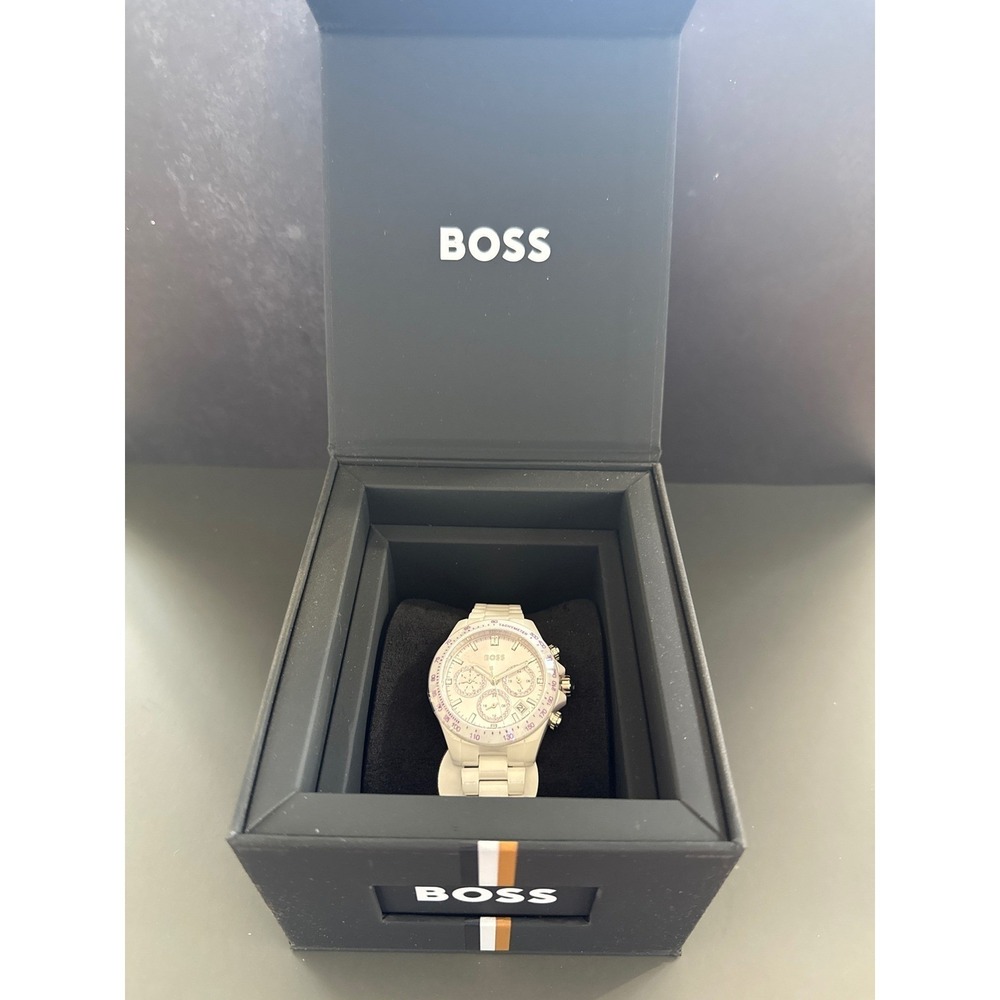 Hugo Boss Novia White Ceramic Chronograph Watch 1502632 Silver Dial Crystal